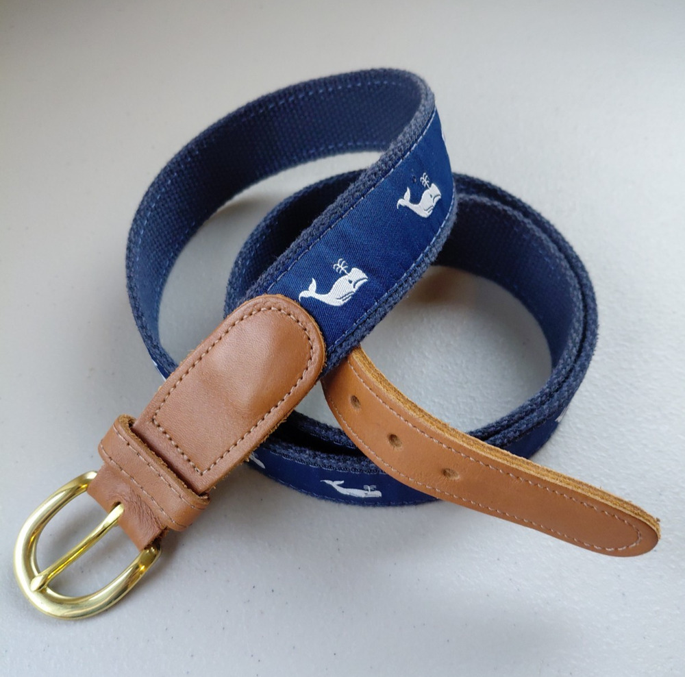 Preston Leather Whale Motif Ribbon Belt 44 Navy Blue Nautical Preppy USA Resort